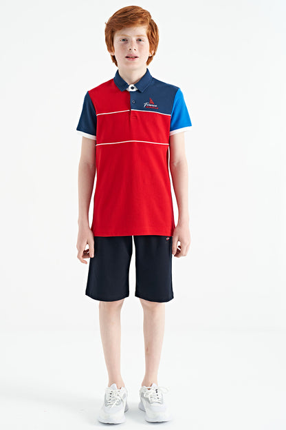 Red Color Block Embroidered Letter Detailed Standard Pattern Polo Collar Boys T-Shirt - 11109