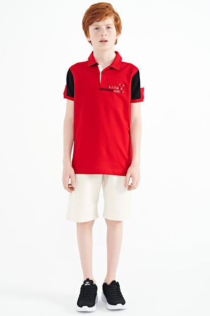 Red Color Blocked Shoulder Trim Detailed Standard Pattern Boys T-Shirt - 11155