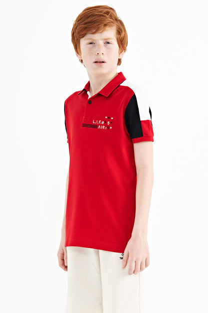 Red Color Blocked Shoulder Trim Detailed Standard Pattern Boys T-Shirt - 11155