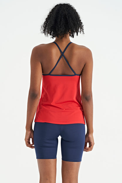 Red Back Cross Strap Detailed Standard Fit Women's Sports Singlet - 97261