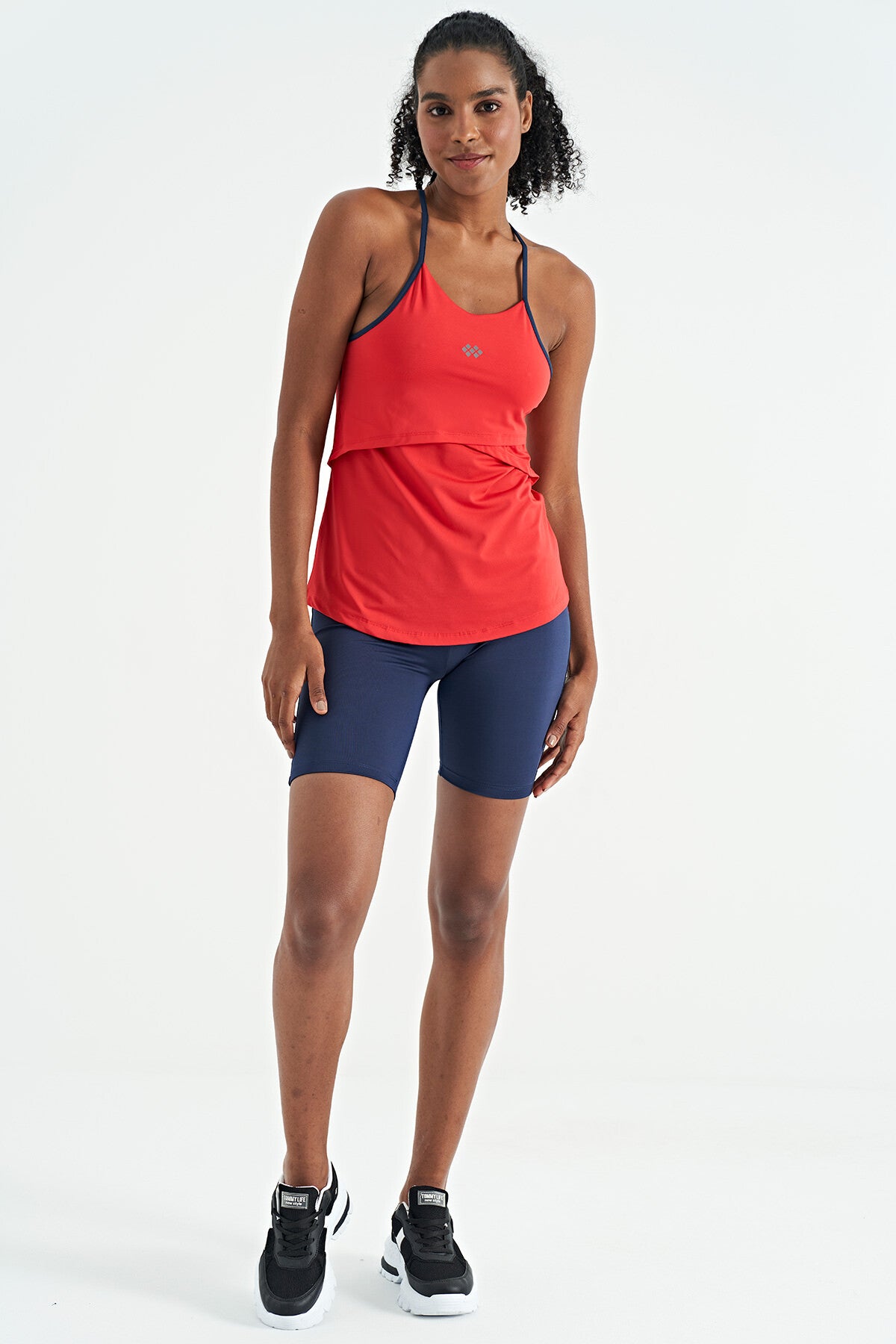 Red Back Cross Strap Detailed Standard Fit Women's Sports Singlet - 97261