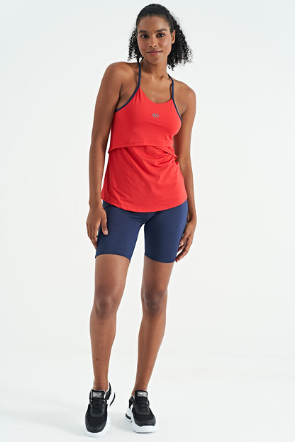 Red Back Cross Strap Detailed Standard Fit Women's Sports Singlet - 97261