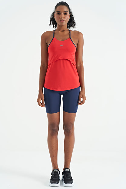 Red Back Cross Strap Detailed Standard Fit Women's Sports Singlet - 97261