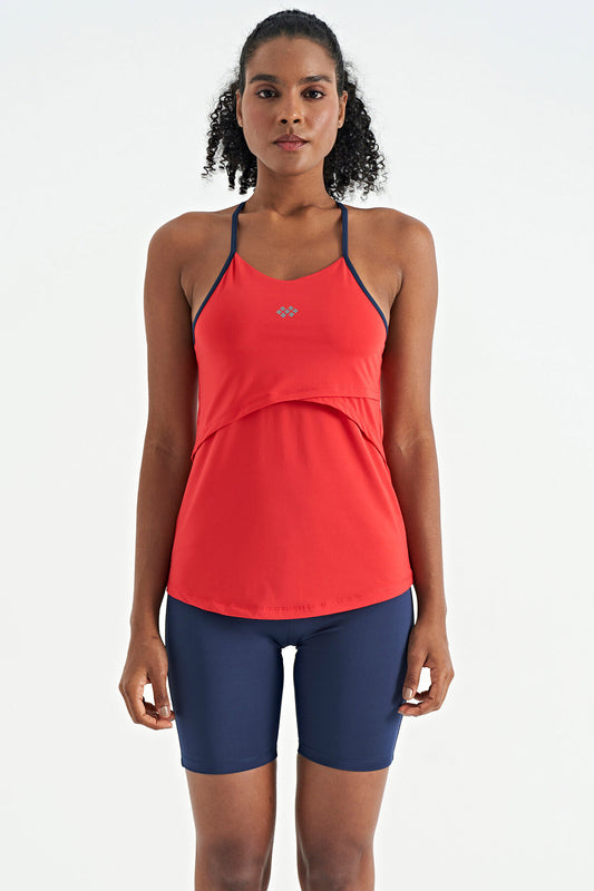 Red Back Cross Strap Detailed Standard Fit Women's Sports Singlet - 97261