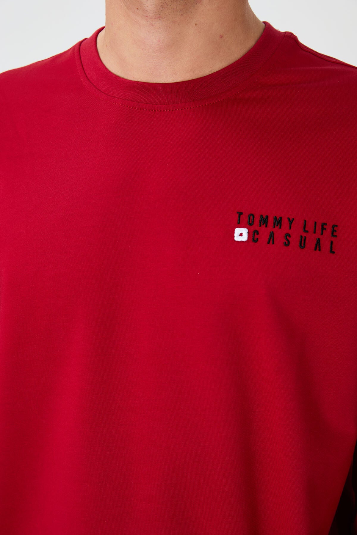 Red - Black Casual O Neck Elastic Cuffed Cotton Men's Oversize Tracksuit Set - 85120