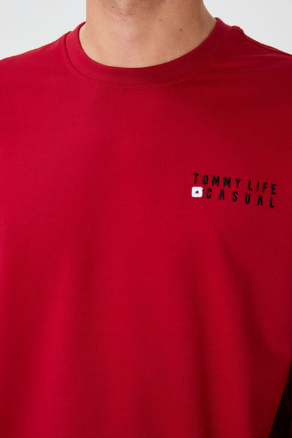 Red - Black Casual O Neck Elastic Cuffed Cotton Men's Oversize Tracksuit Set - 85120