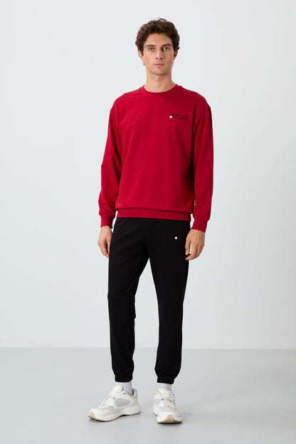 Red - Black Casual O Neck Elastic Cuffed Cotton Men's Oversize Tracksuit Set - 85120