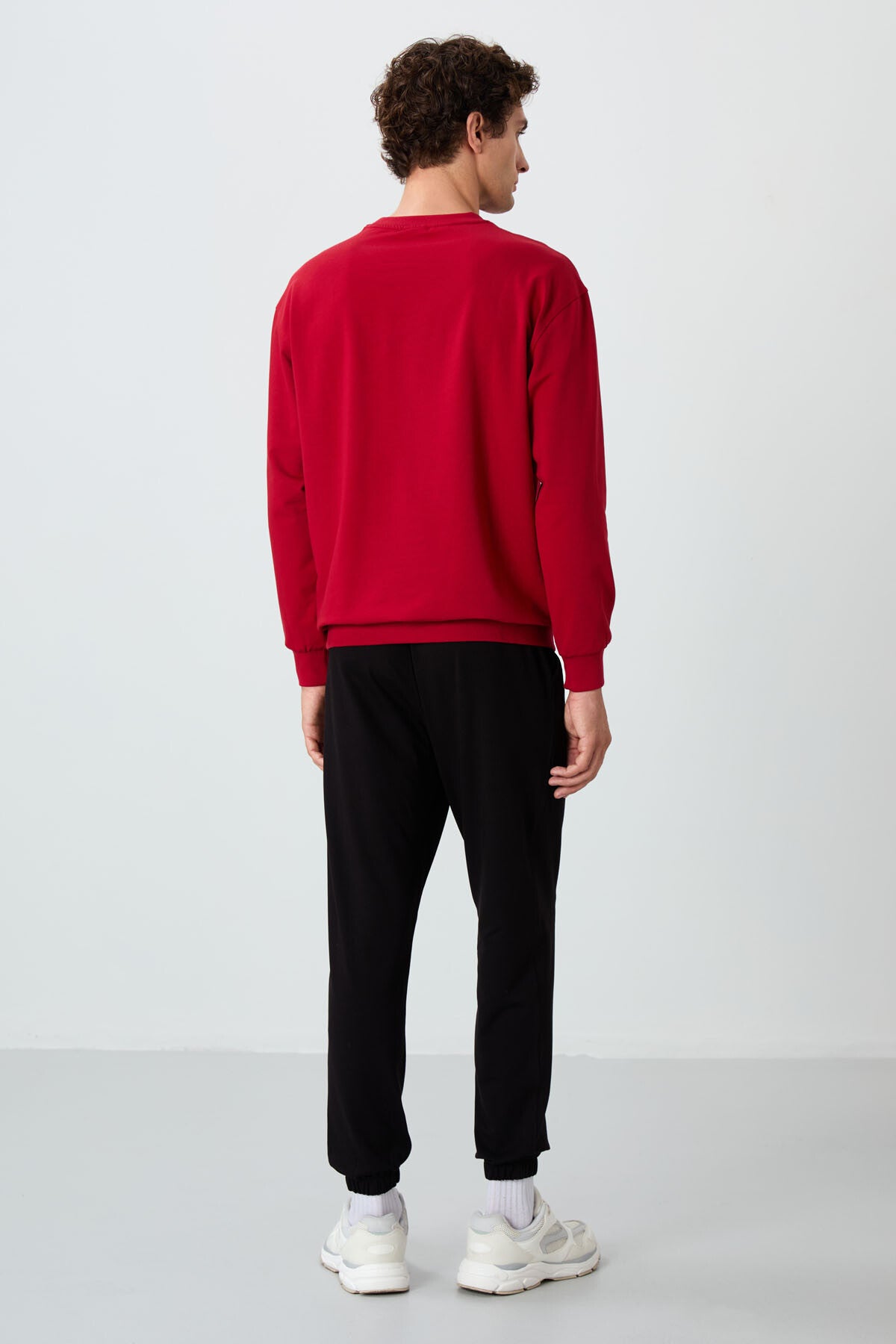 Red - Black Casual O Neck Elastic Cuffed Cotton Men's Oversize Tracksuit Set - 85120