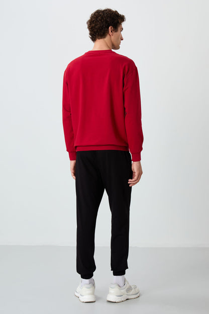 Red - Black Casual O Neck Elastic Cuffed Cotton Men's Oversize Tracksuit Set - 85120