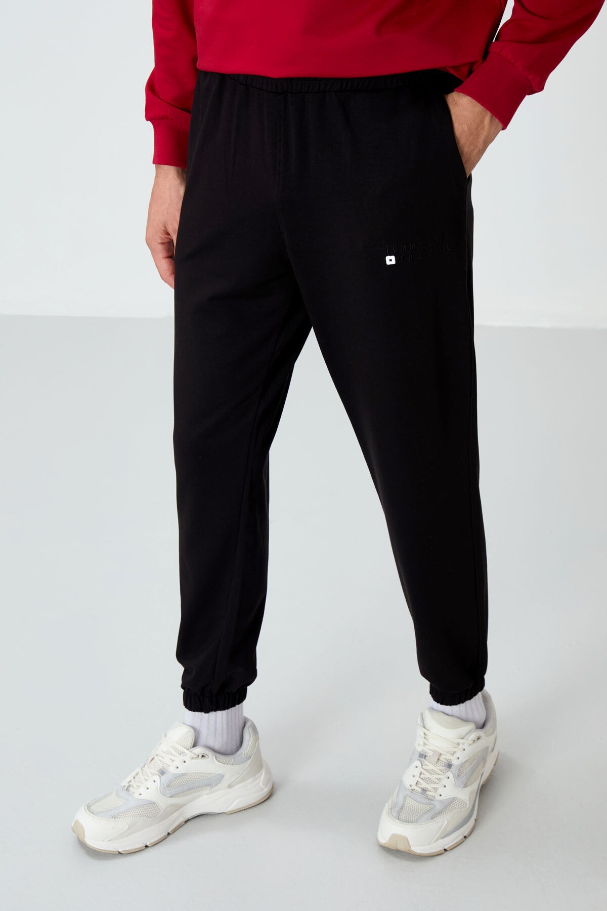 Red - Black Casual O Neck Elastic Cuffed Cotton Men's Oversize Tracksuit Set - 85120