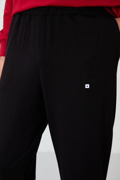 Red - Black Casual O Neck Elastic Cuffed Cotton Men's Oversize Tracksuit Set - 85120