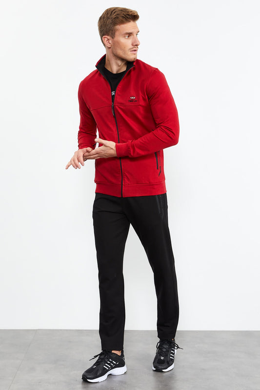 Red - Black Stand-Up Collar Zippered Standard Fit Classic Cuff Men's Tracksuit Set - 85152