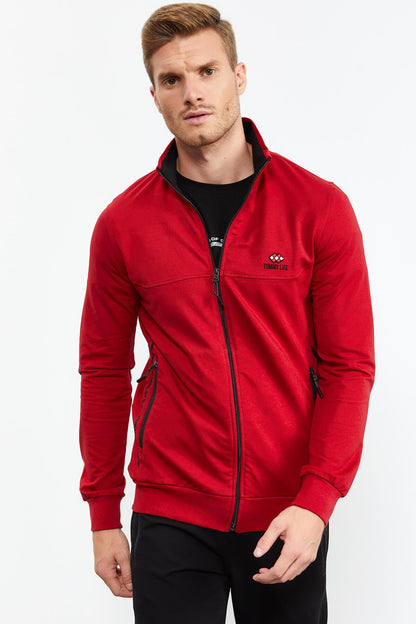 Red - Black Stand-Up Collar Zippered Standard Fit Classic Cuff Men's Tracksuit Set - 85152