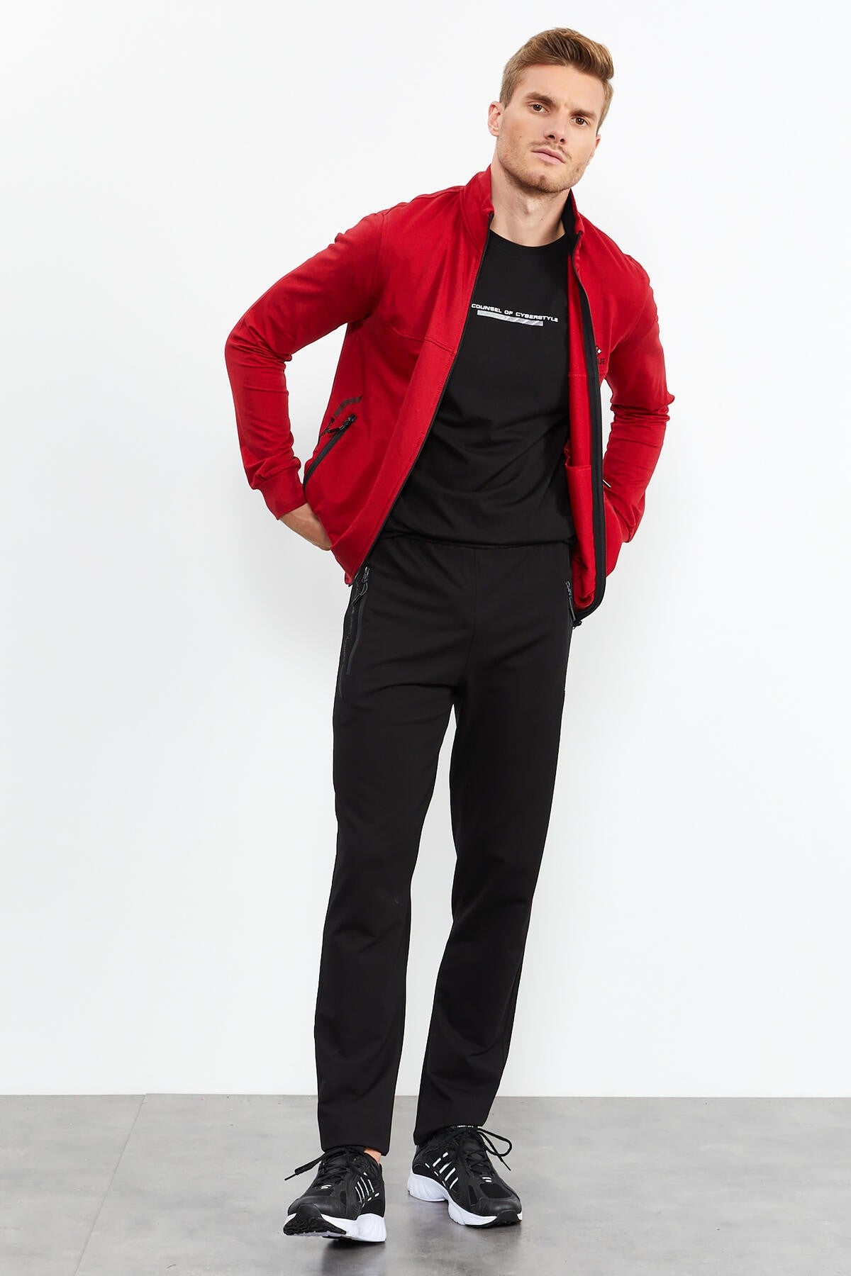 Red - Black Stand-Up Collar Zippered Standard Fit Classic Cuff Men's Tracksuit Set - 85152