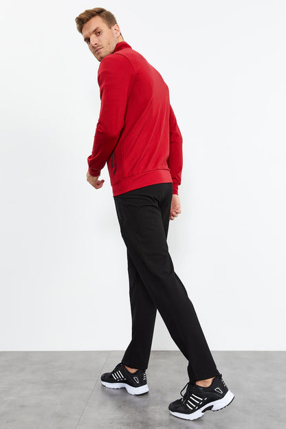 Red - Black Stand-Up Collar Zippered Standard Fit Classic Cuff Men's Tracksuit Set - 85152