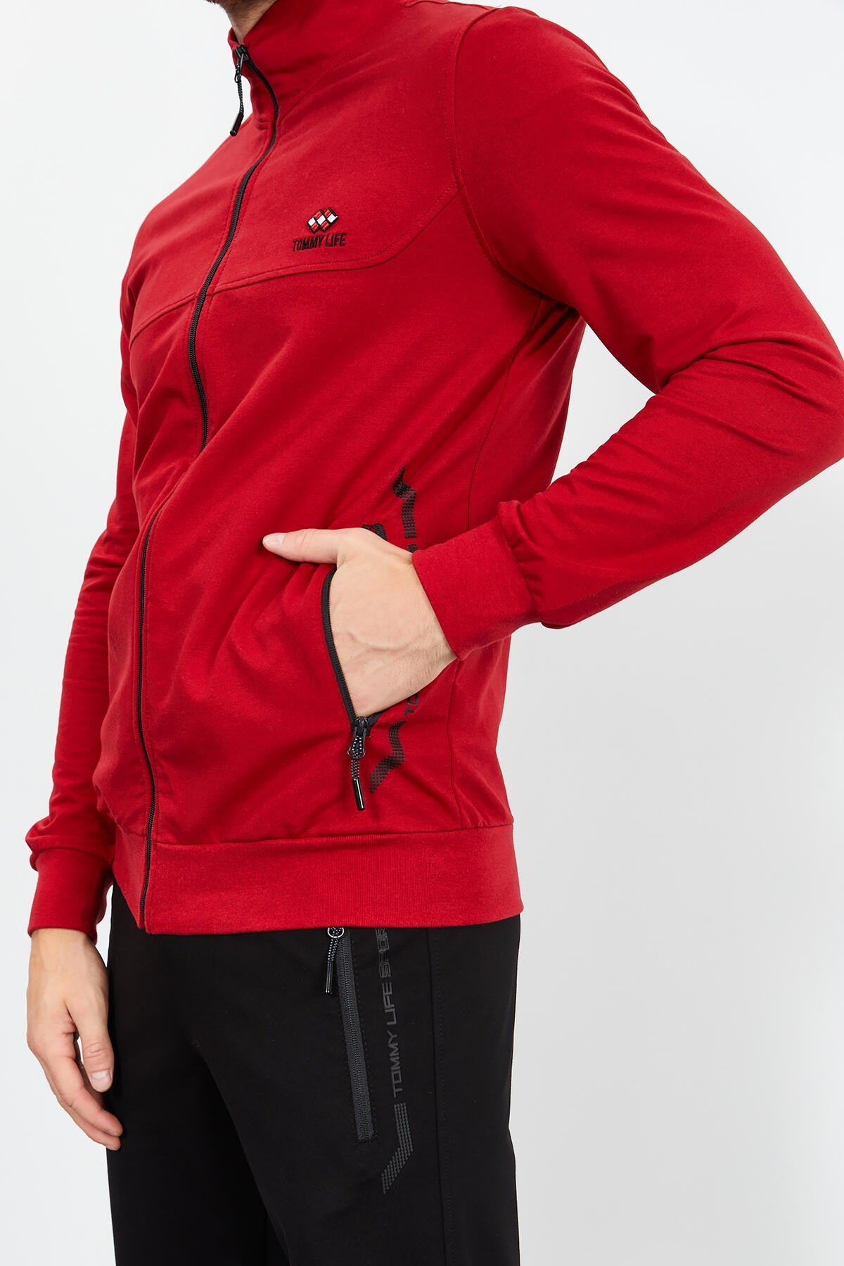 Red - Black Stand-Up Collar Zippered Standard Fit Classic Cuff Men's Tracksuit Set - 85152