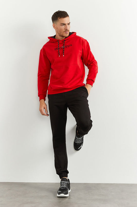 Red and black hooded kangaroo pocket rubber sleeve oversized tracksuit- 85117