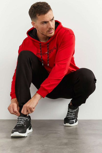 Red and black hooded kangaroo pocket rubber sleeve oversized tracksuit- 85117