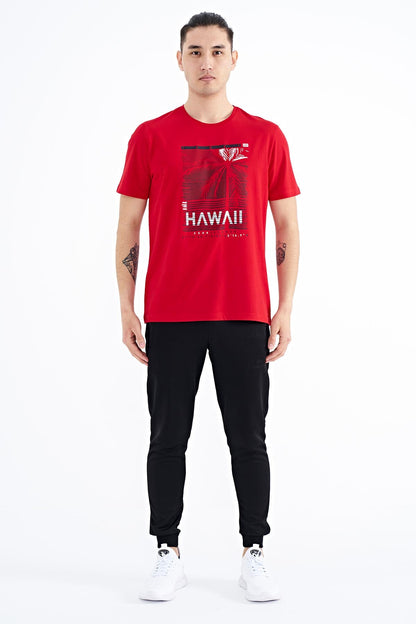 Red Slogan Printed O Collar Standard Cut Men's T-shirt - 88190