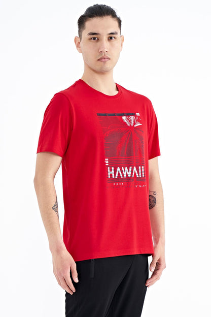 Red Slogan Printed O Collar Standard Cut Men's T-shirt - 88190
