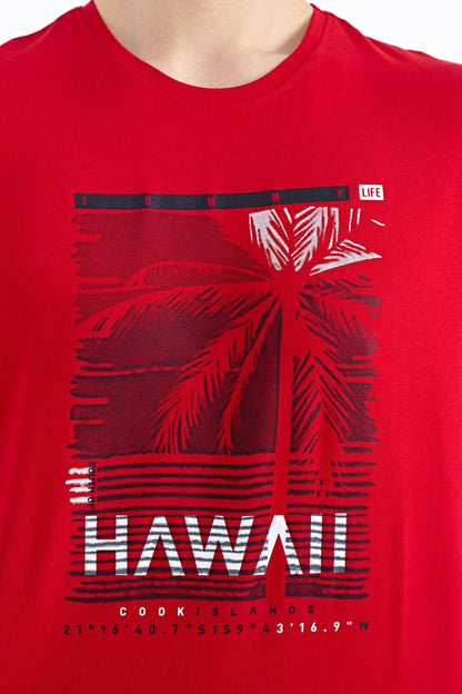 Red Slogan Printed O Collar Standard Cut Men's T-shirt - 88190