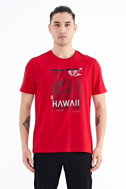 Red Slogan Printed O Collar Standard Cut Men's T-shirt - 88190