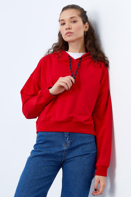 Red Long Sleeve Comfort Fit Hooded Women's Sweatshirt - 97115