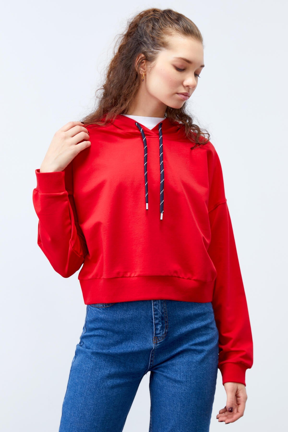 Red Long Sleeve Comfort Fit Hooded Women's Sweatshirt - 97115