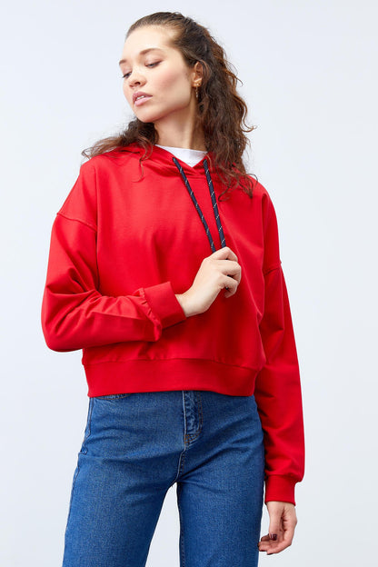 Red Long Sleeve Comfort Fit Hooded Women's Sweatshirt - 97115