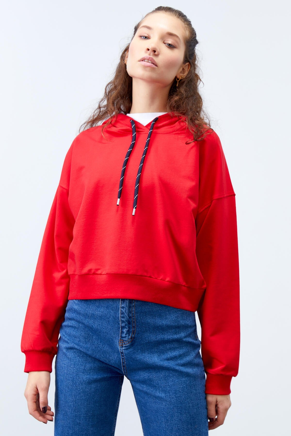 Red Long Sleeve Comfort Fit Hooded Women's Sweatshirt - 97115