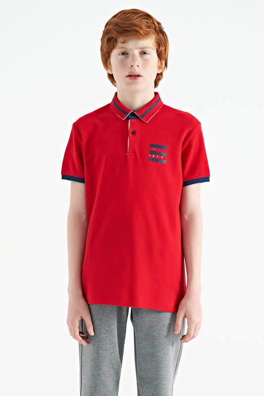 Red Collar Color Block Print Detailed Standard Fit Boys' T-Shirt - 11111