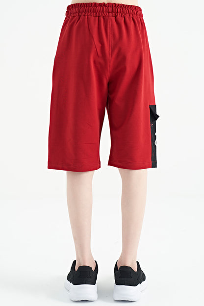 Red Side Pocket Detailed Embroidered Standard Fit Boys Shorts - 11142