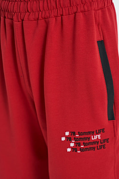 Red Side Pocket Detailed Embroidered Standard Fit Boys Shorts - 11142
