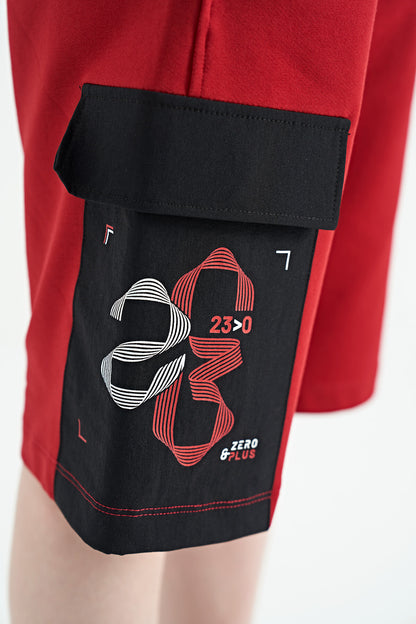 Red Side Pocket Detailed Embroidered Standard Fit Boys Shorts - 11142