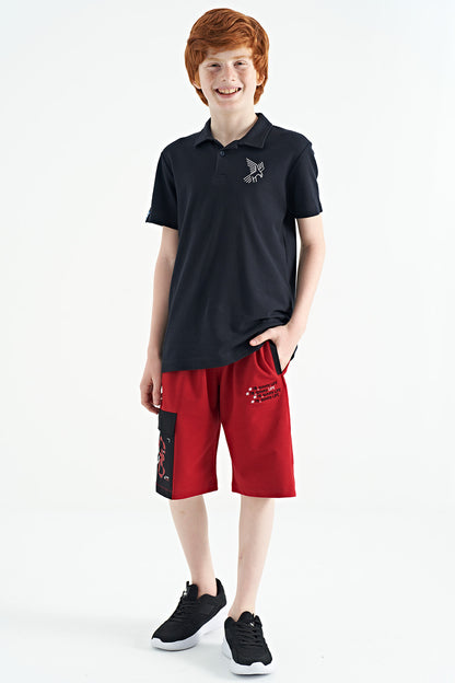 Red Side Pocket Detailed Embroidered Standard Fit Boys Shorts - 11142