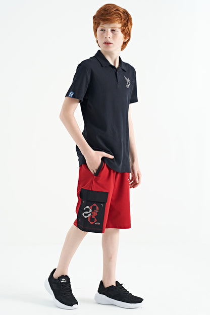 Red Side Pocket Detailed Embroidered Standard Fit Boys Shorts - 11142