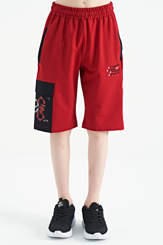 Red Side Pocket Detailed Embroidered Standard Fit Boys Shorts - 11142