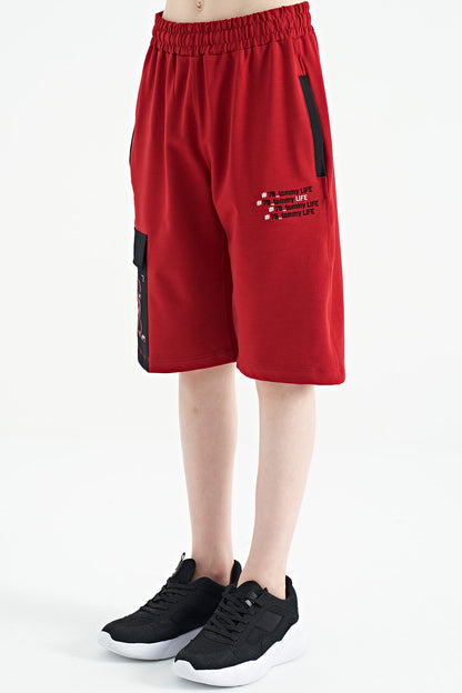 Red Side Pocket Detailed Embroidered Standard Fit Boys Shorts - 11142