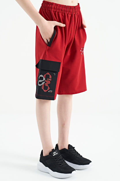 Red Side Pocket Detailed Embroidered Standard Fit Boys Shorts - 11142