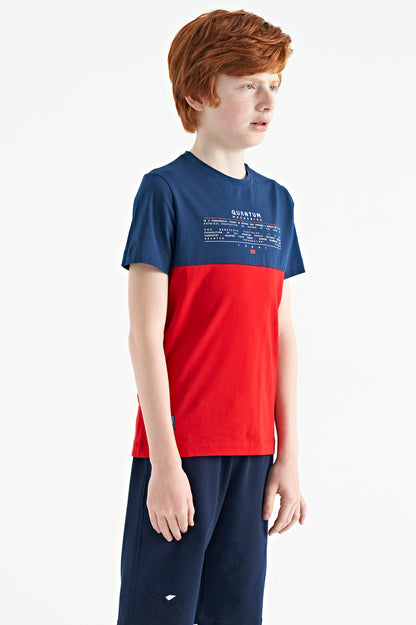 Red Print Color Block Standard Fit O Collar Boys T-Shirt - 11134