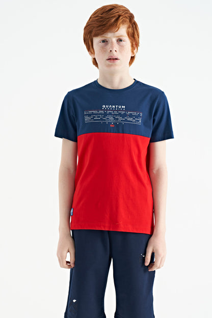 Red Print Color Block Standard Fit O Collar Boys T-Shirt - 11134