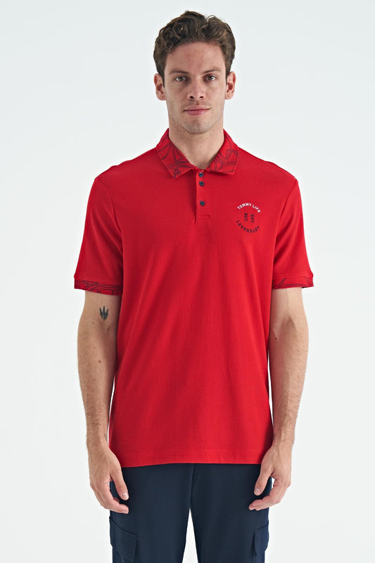 Red Embroidered Print Detailed Standard Cut Polo Collar Men's T-Shirt - 88239