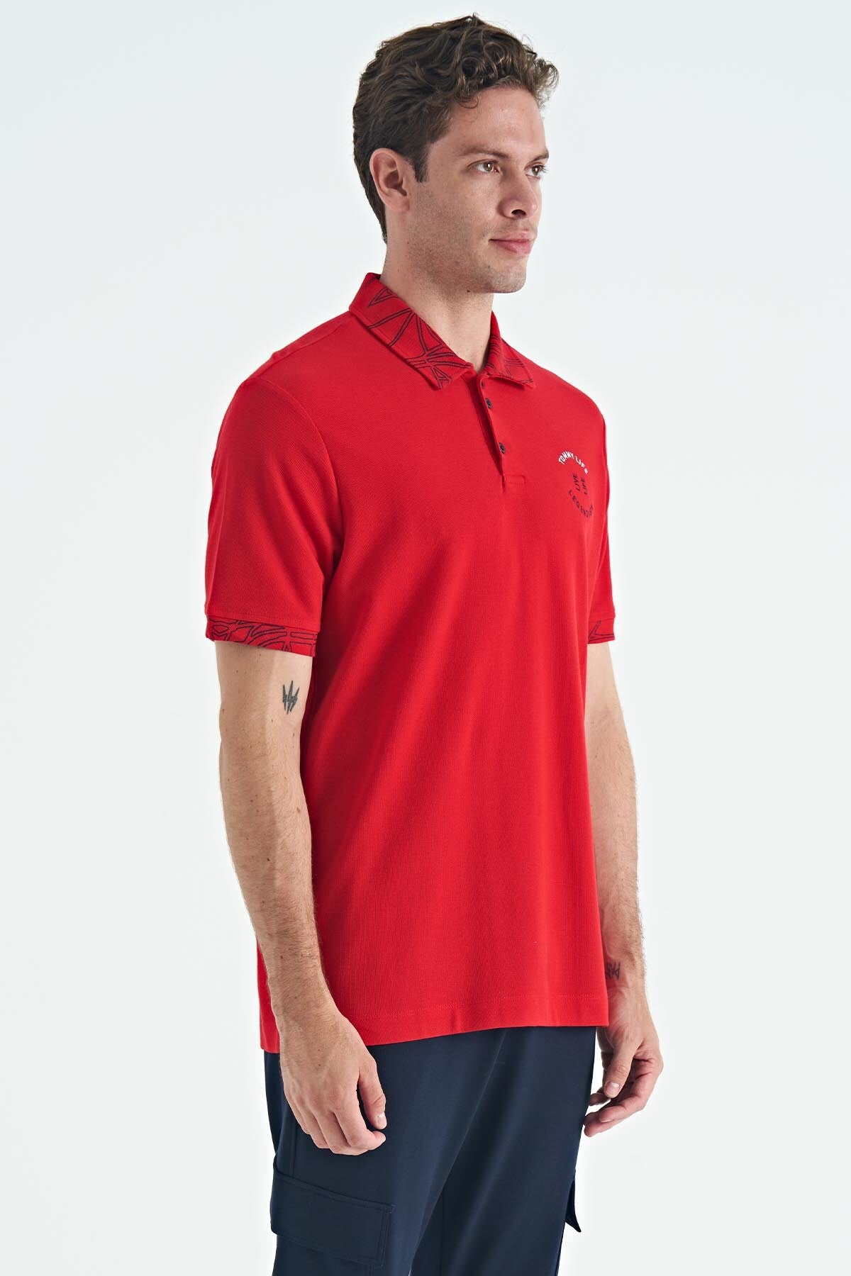 Red Embroidered Print Detailed Standard Cut Polo Collar Men's T-Shirt - 88239