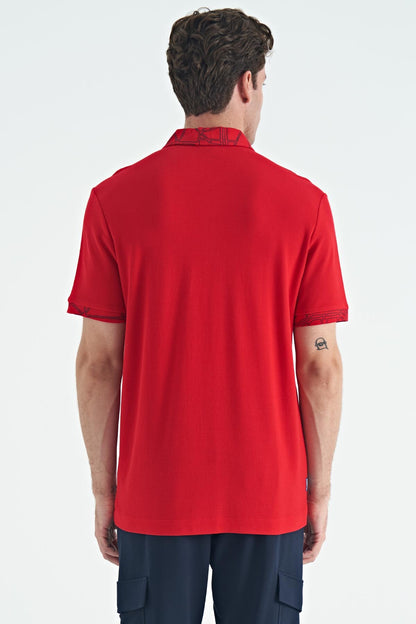 Red Embroidered Print Detailed Standard Cut Polo Collar Men's T-Shirt - 88239