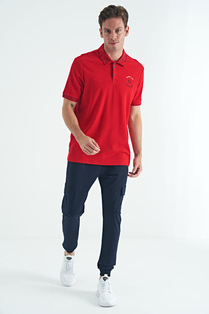Red Embroidered Print Detailed Standard Cut Polo Collar Men's T-Shirt - 88239