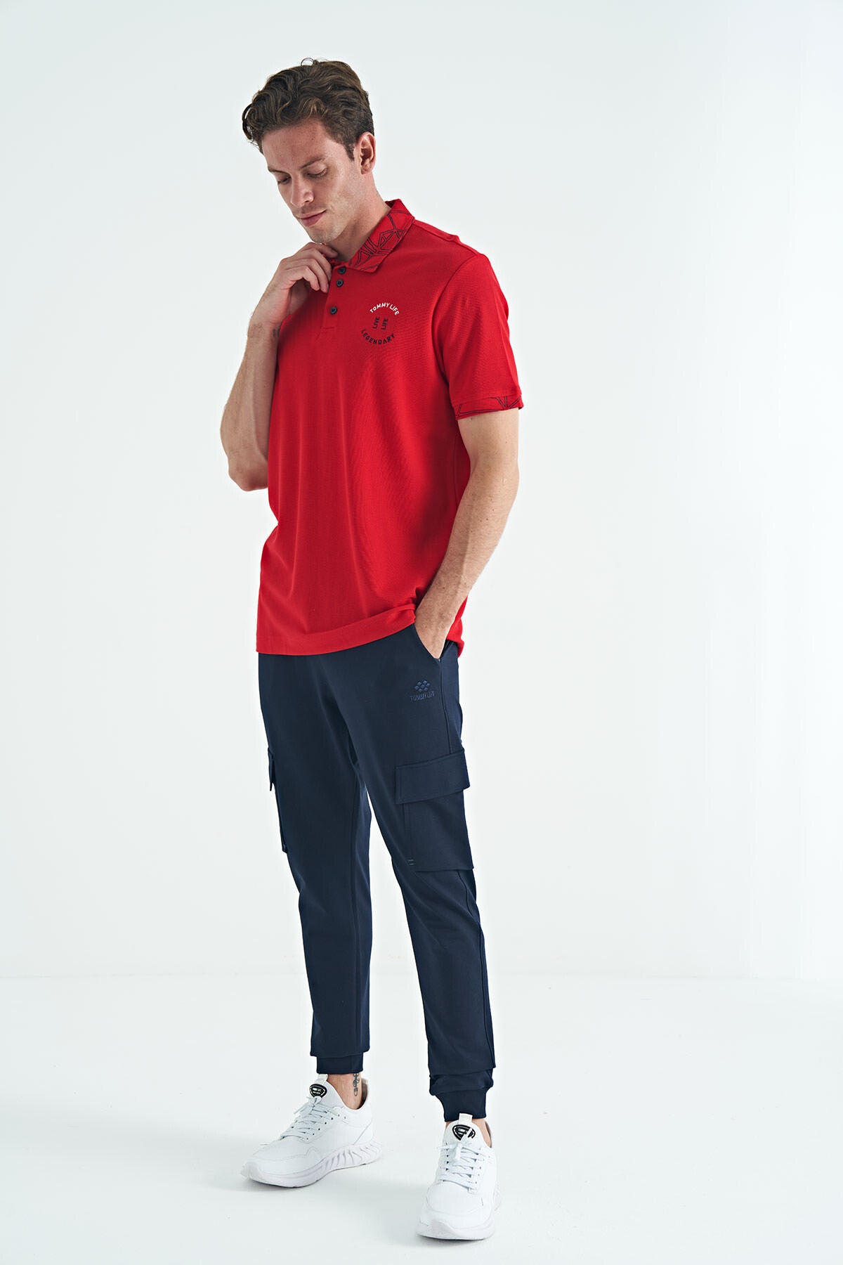 Red Embroidered Print Detailed Standard Cut Polo Collar Men's T-Shirt - 88239