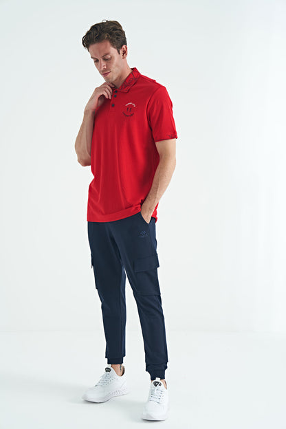 Red Embroidered Print Detailed Standard Cut Polo Collar Men's T-Shirt - 88239