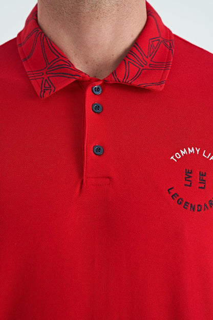 Red Embroidered Print Detailed Standard Cut Polo Collar Men's T-Shirt - 88239