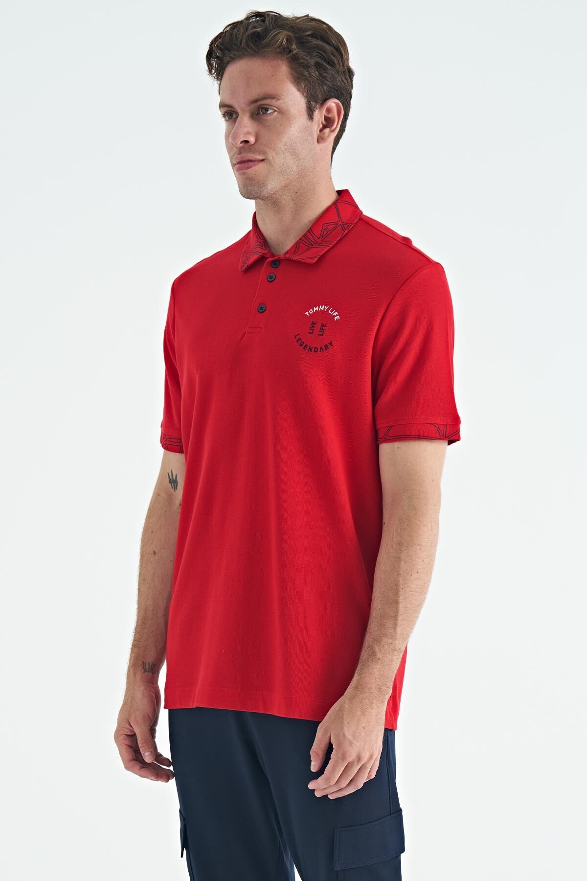 Red Embroidered Print Detailed Standard Cut Polo Collar Men's T-Shirt - 88239