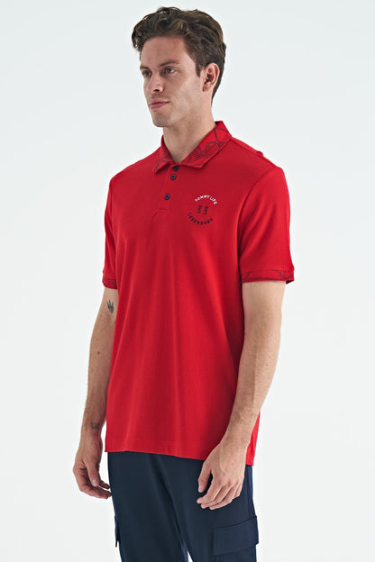 Red Embroidered Print Detailed Standard Cut Polo Collar Men's T-Shirt - 88239